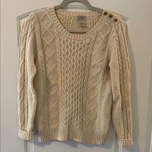 L.L. Bean Women's Cream Cable-Knit Scoop Neck Sweater with Shoulder Buttons